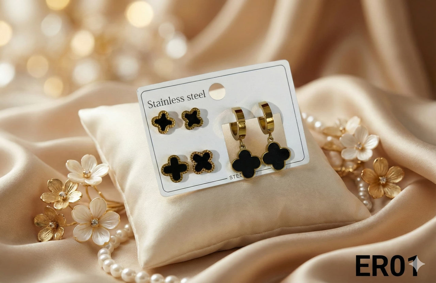 Elegant Earrings Featuring Black Four-Leaf Clovers Pack of 3 ER01