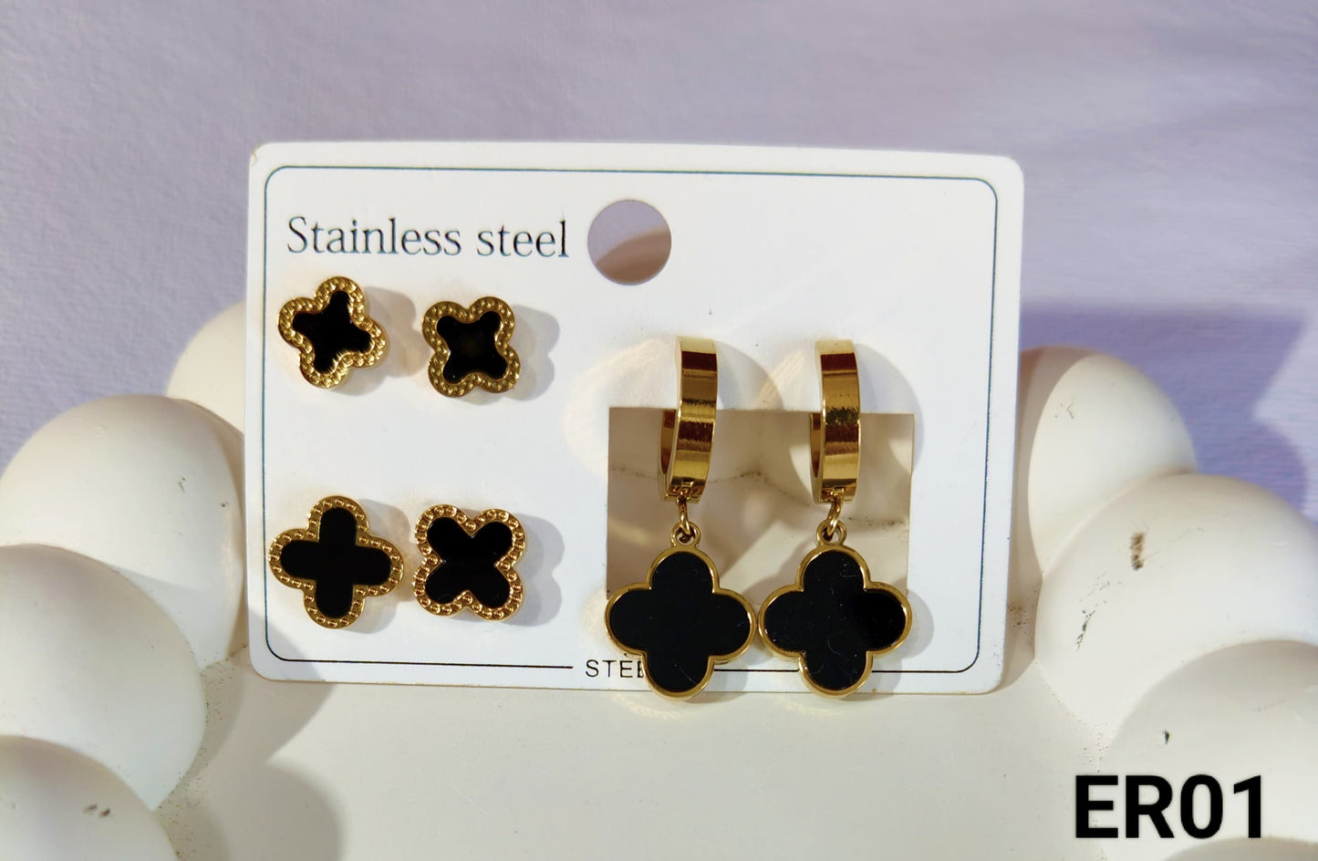 Elegant Earrings Featuring Black Four-Leaf Clovers Pack of 3 ER01