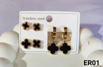Elegant Earrings Featuring Black Four-Leaf Clovers Pack of 3 ER01